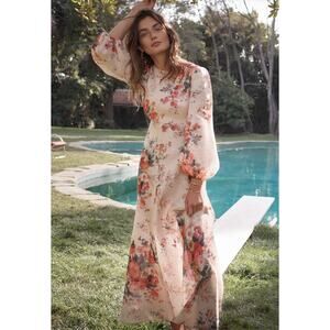 Zimmermann Laelia High Neck Floral Linen Long Sleeve Maxi Dress, size 2/M/US 8